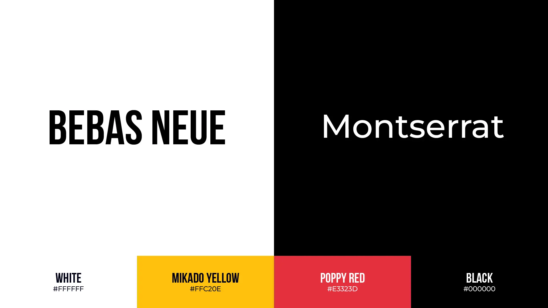 Brand style guide showing the typefaces Bebas Neue (headings) and Montserrat (body text), with the color palette: White, Mikado Yellow, Poppy Red, and Black